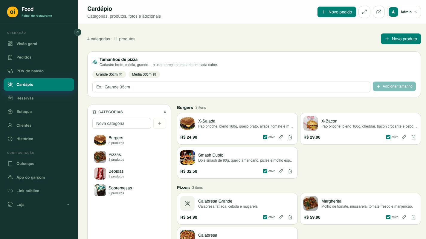Tela real de gestão do cardápio oiFood com categorias e produtos.
