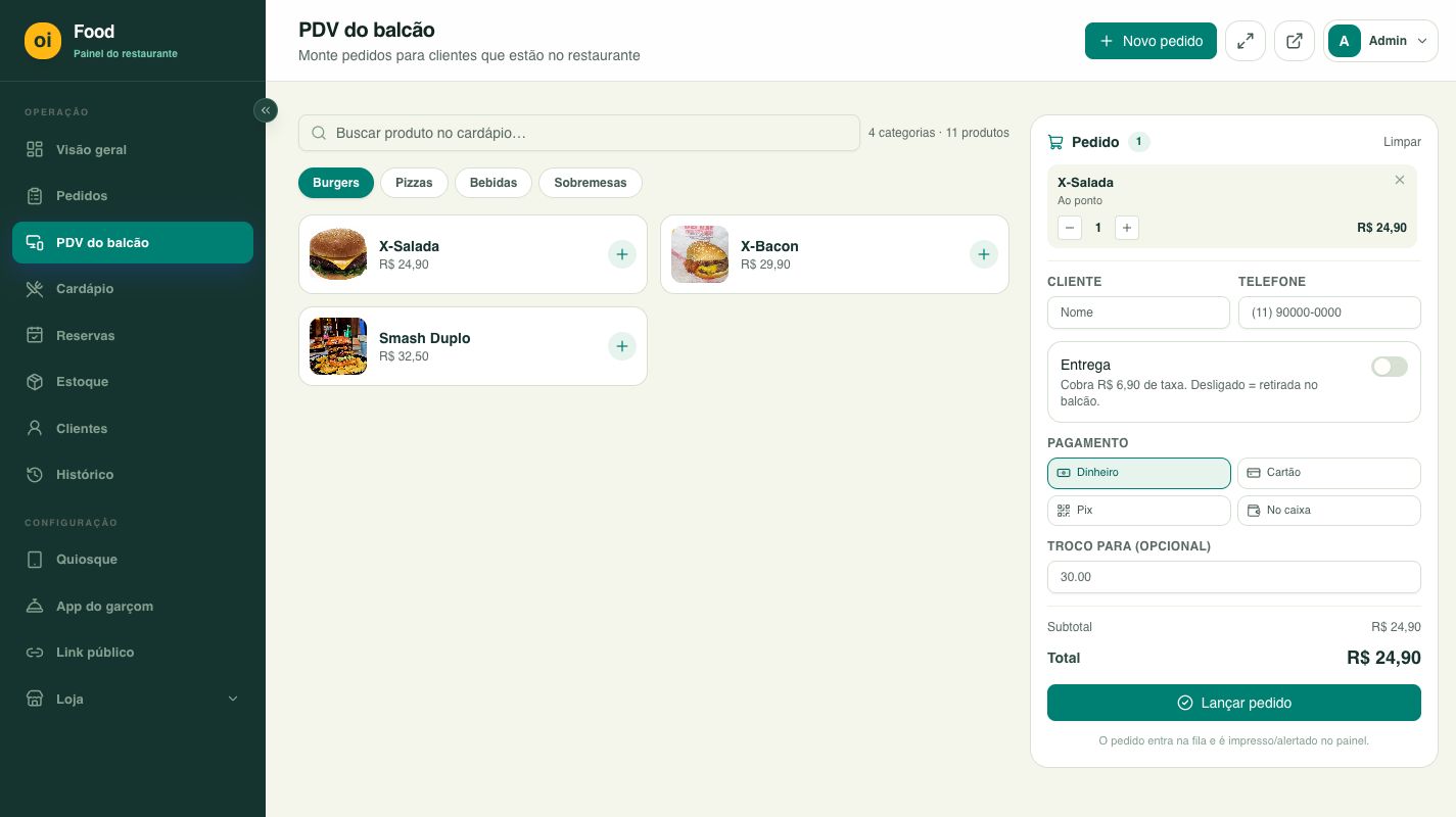 Tela real do PDV oiFood com produtos e um pedido em montagem.